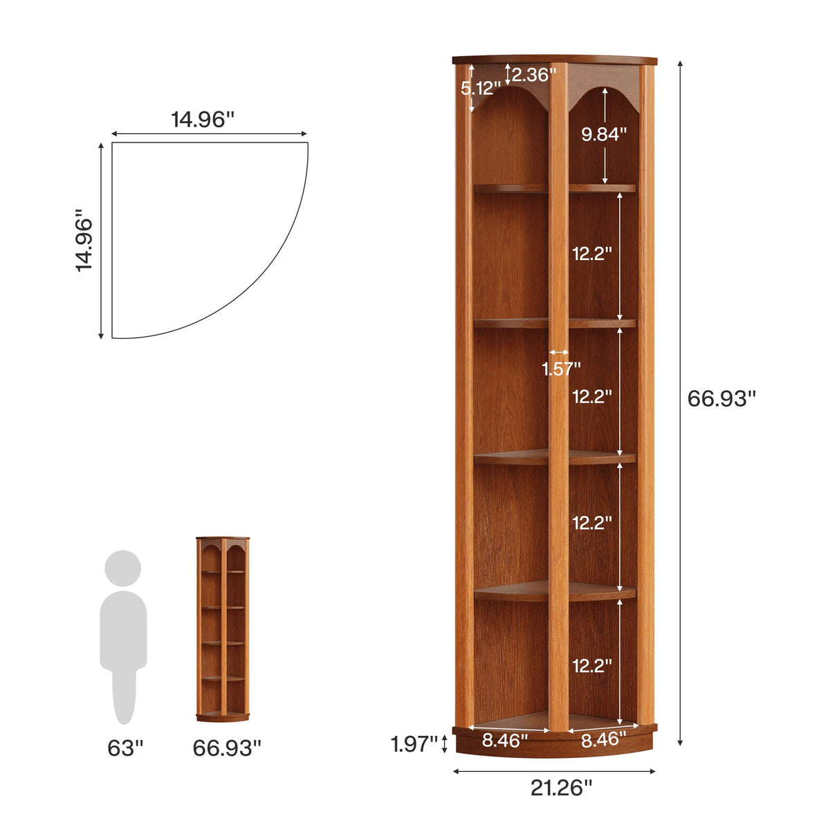 67" Corner Shelf, 5-Tier Bookcase Storage Rack with Unique Shape