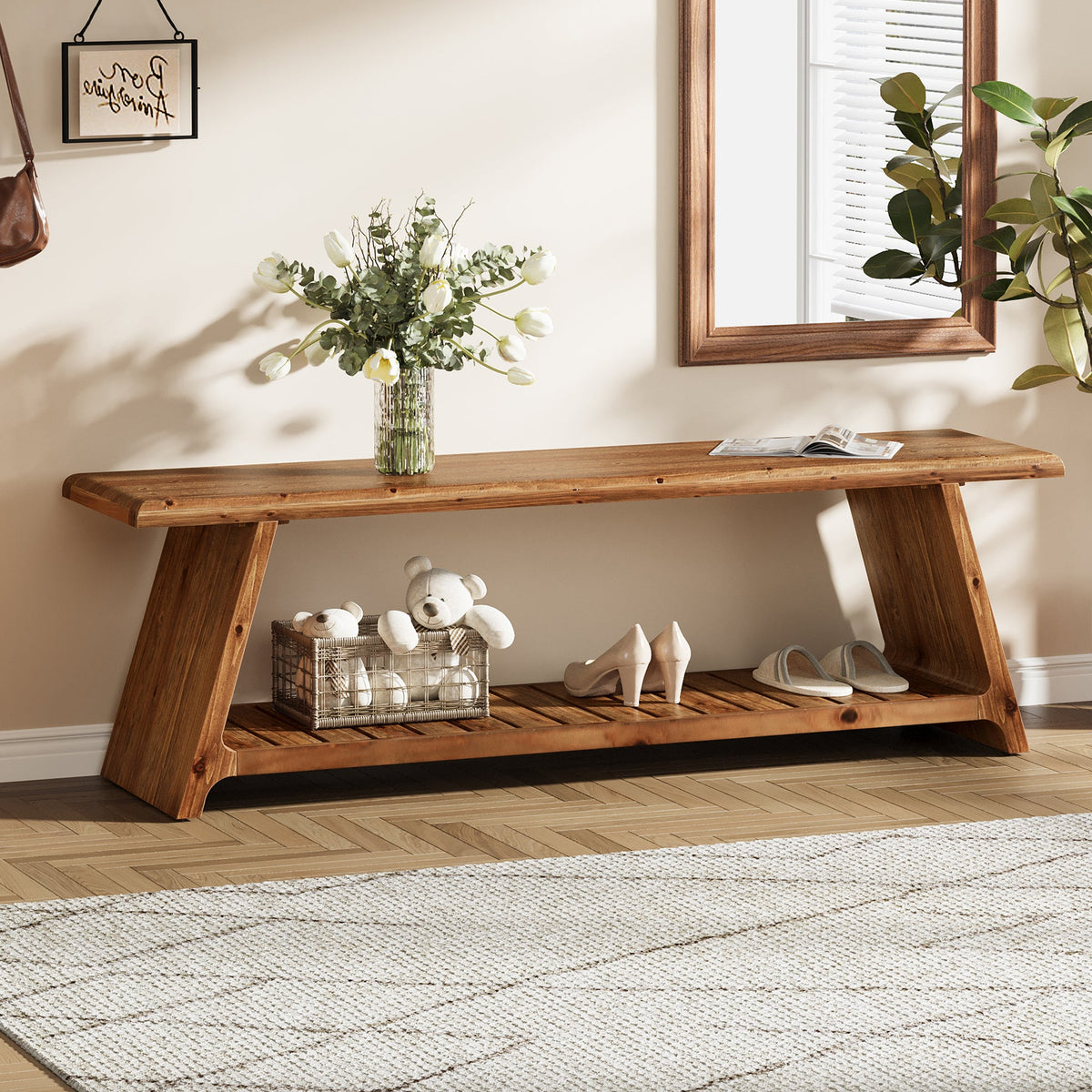 63" Solid Wood Entryway Bench, Narrow Shoe Bench Seat with Storage