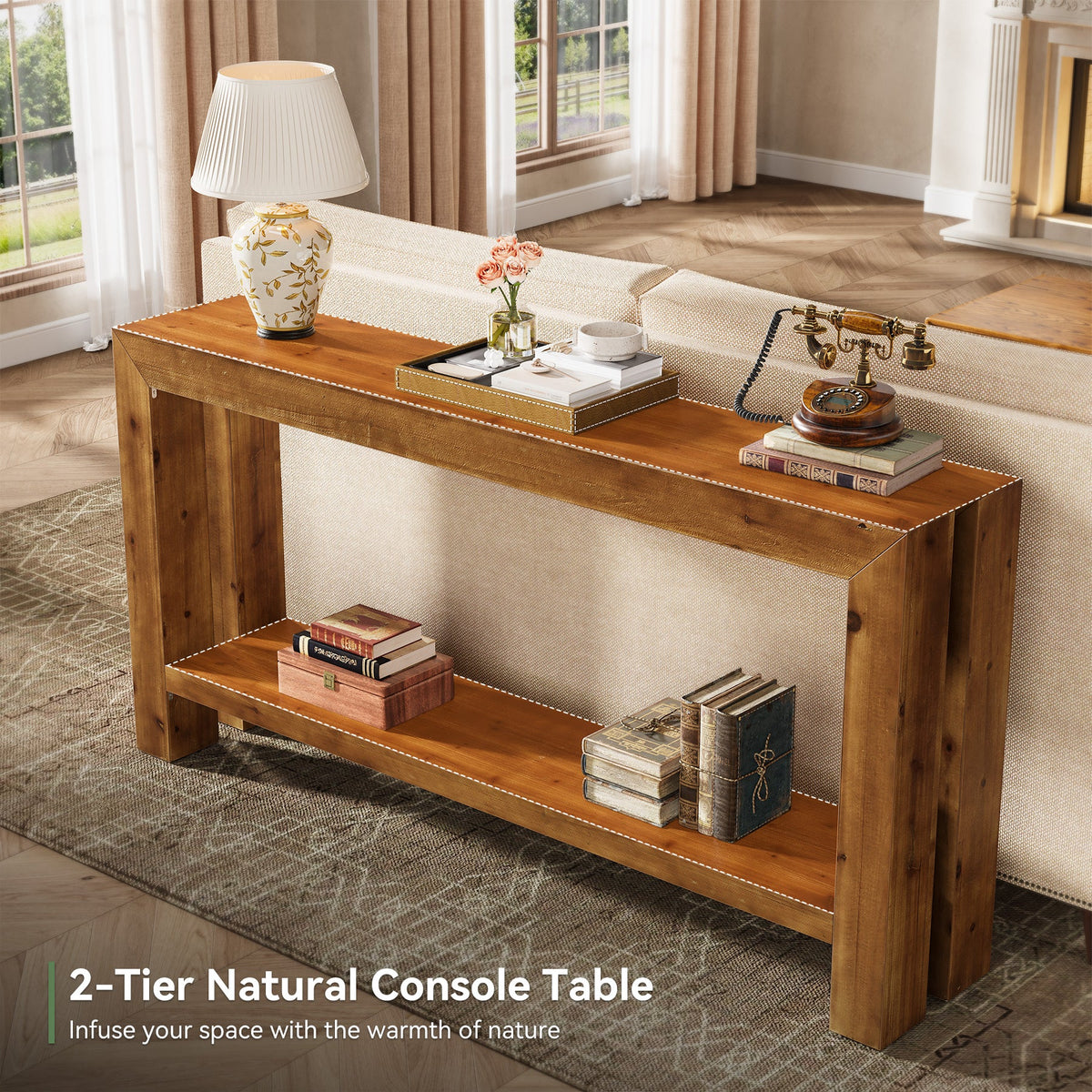 63" Solid Wood Console Table, 2-Tier Sofa Entryway Table for Hallway