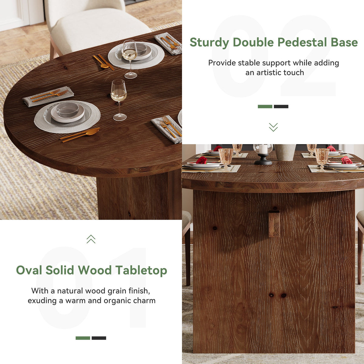Solid Wood Dining Table, 63" Oval  Kitchen Dinner Table for 4-6