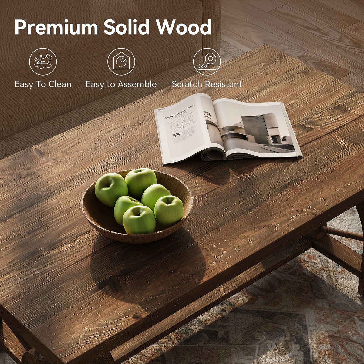 47" Solid Wood Coffee Table, Rectangular Center Table With Arched Base