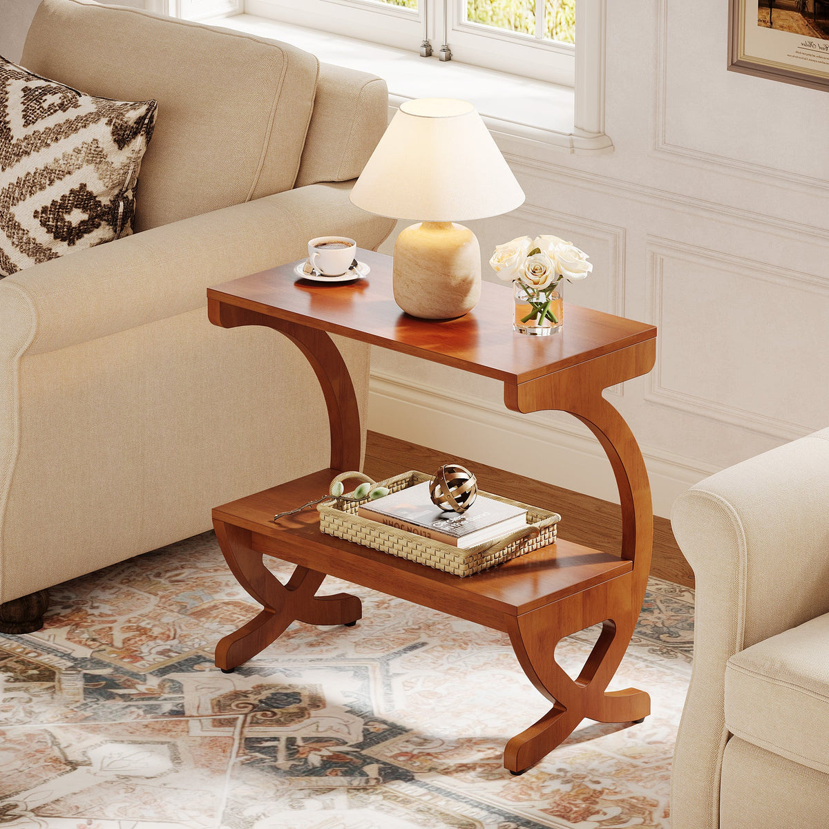 Solid Wood End Table, Narrow 2-Tier Side Table with Storage Shelf