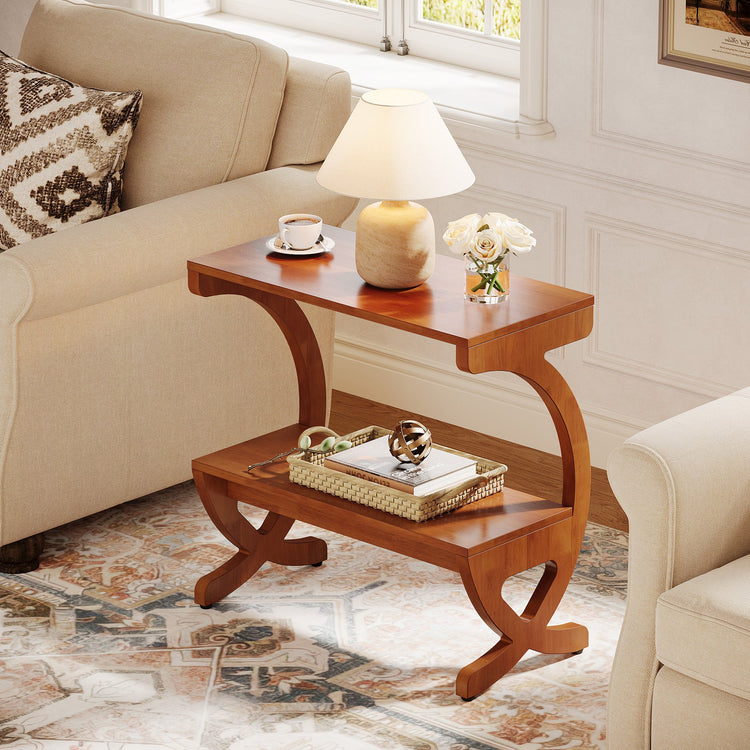 Solid Wood End Table, Narrow 2-Tier Side Table with Storage Shelf