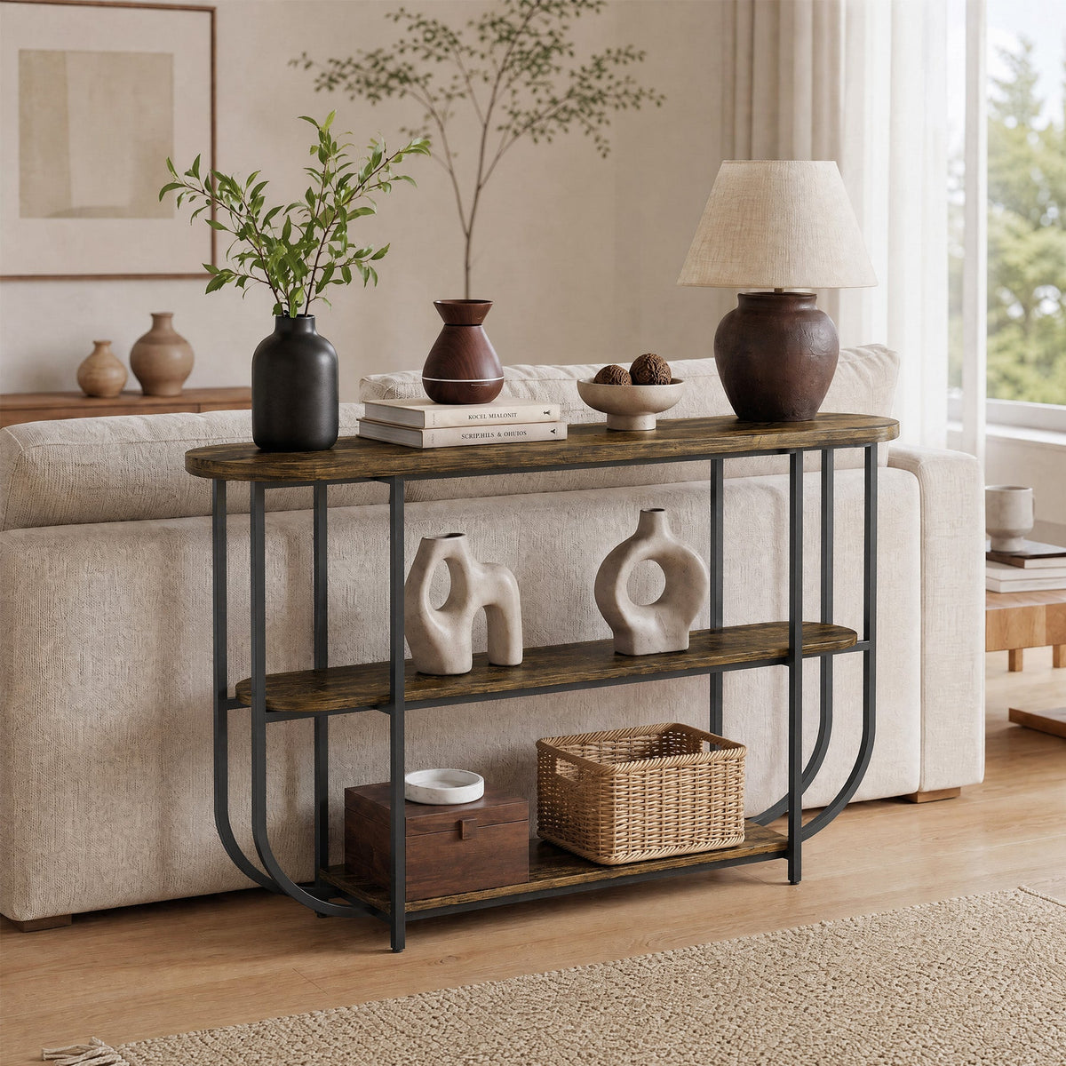 63" Console Table, 3-Tier Narrow Entryway Table with Curved Metal Frame
