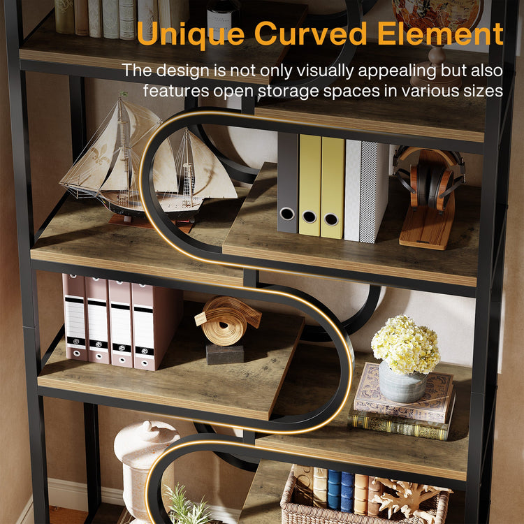 71" Bookshelf, Industrial Etagere Bookcase with Open Storage Shelves