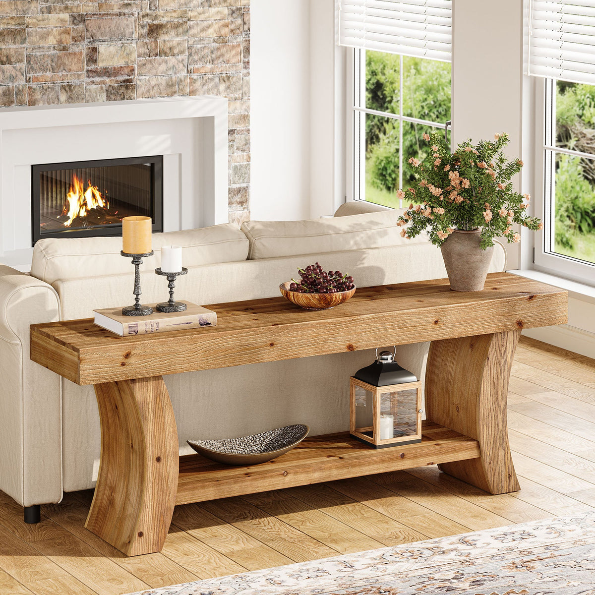 2-Tier Solid Wood Console Table, 63" Farmhouse Sofa Table Behind Couch