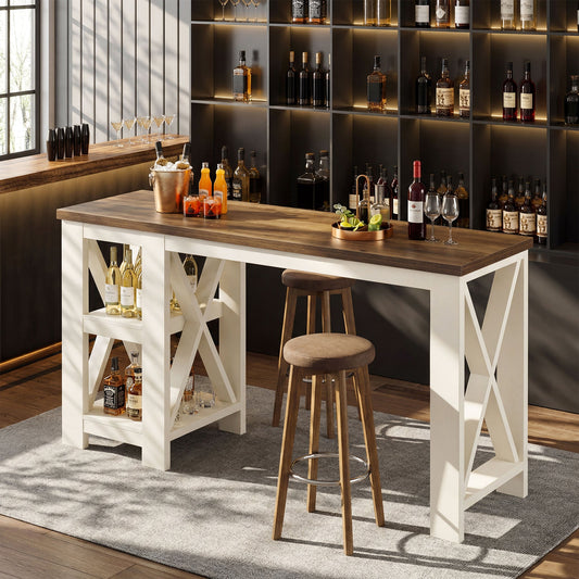 62.2" Bar Table with Storage Shelves, Farmhouse Counter Height Pub Table for Kitchen