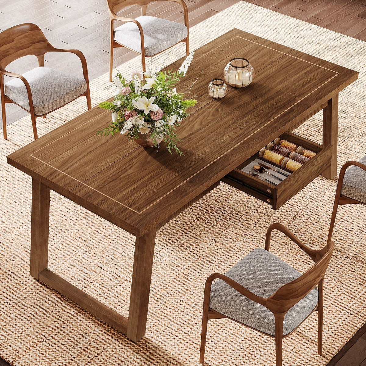 55" Rectangular Dining Table with Drawer & Solid Wood Legs for 4-6