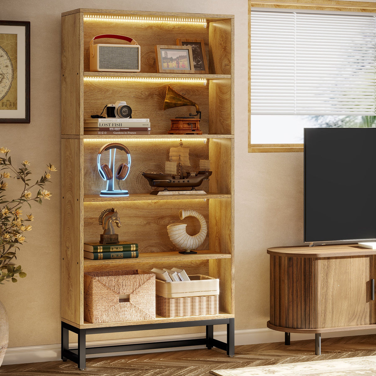 70.4“ 5-Tier Freestanding Bookshelf with LED Lights, Heavy-Duty Bookcase Display Organizer