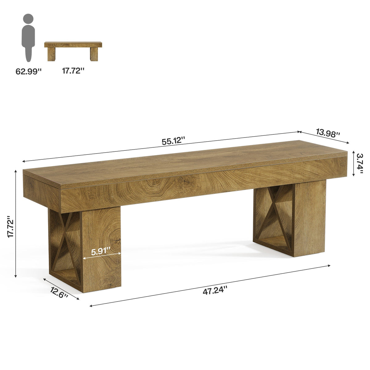 55" Dining Bench, Farmhouse Entryway Bench for Dining Room