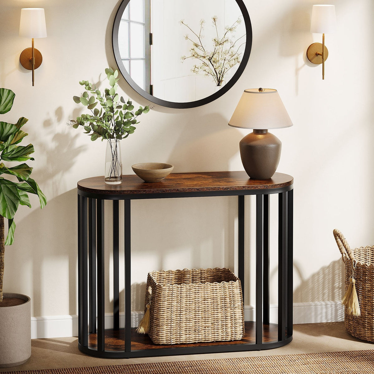 Narrow End Table with Storage, 2-Tier Industrial Side Table with Metal Frame