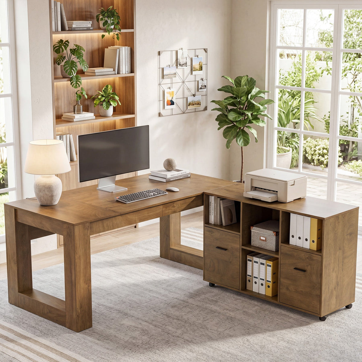 63" Executive Home Office Set,  L-Shaped Desk with Storage Shelves & Drawers