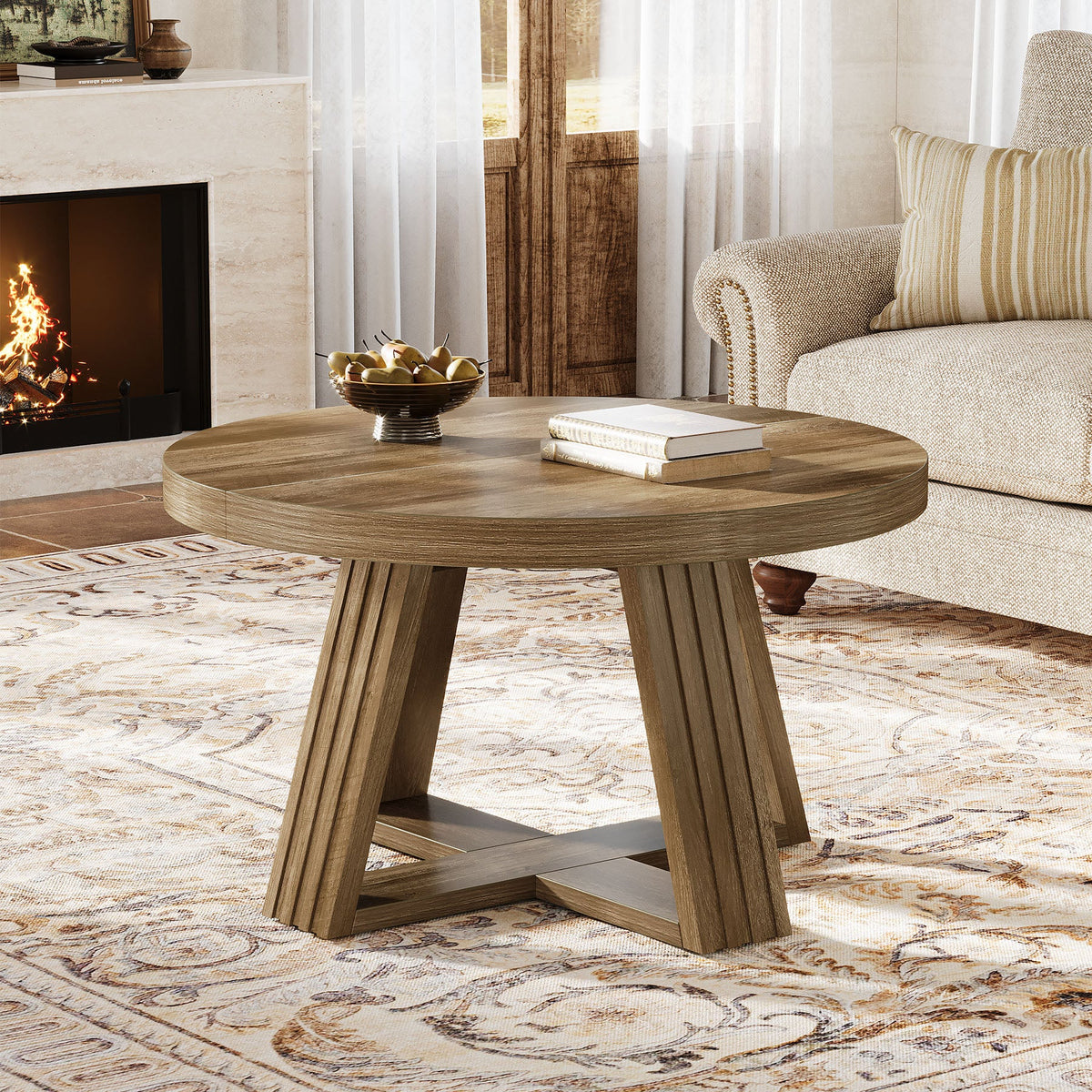 31.5" Round Coffee Table, Farmhouse Center Table with Solid Tabletop for Living Room
