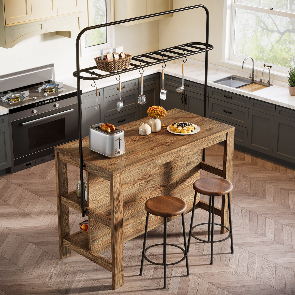 47" Solid Wood Kitchen Island Table with Storage and 5 Hooks
