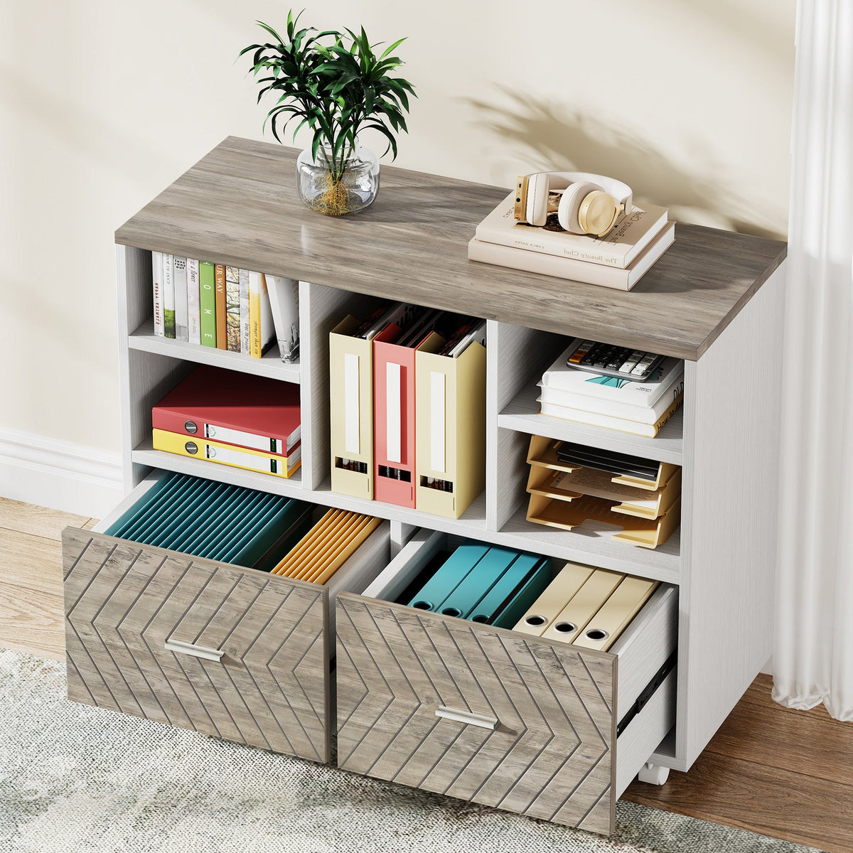 2-Drawer File Cabinet, Mobile Lateral Filing Cabinet with Shelves