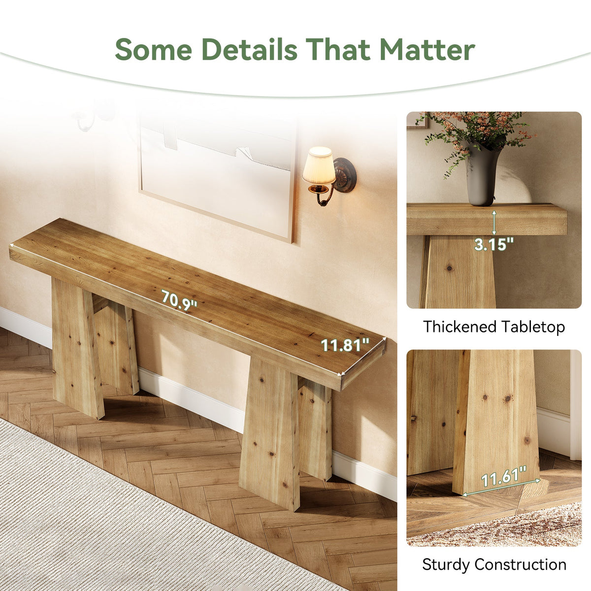 70.9" Solid Wood Console Table, Long Sofa Table with Reinforced Frame