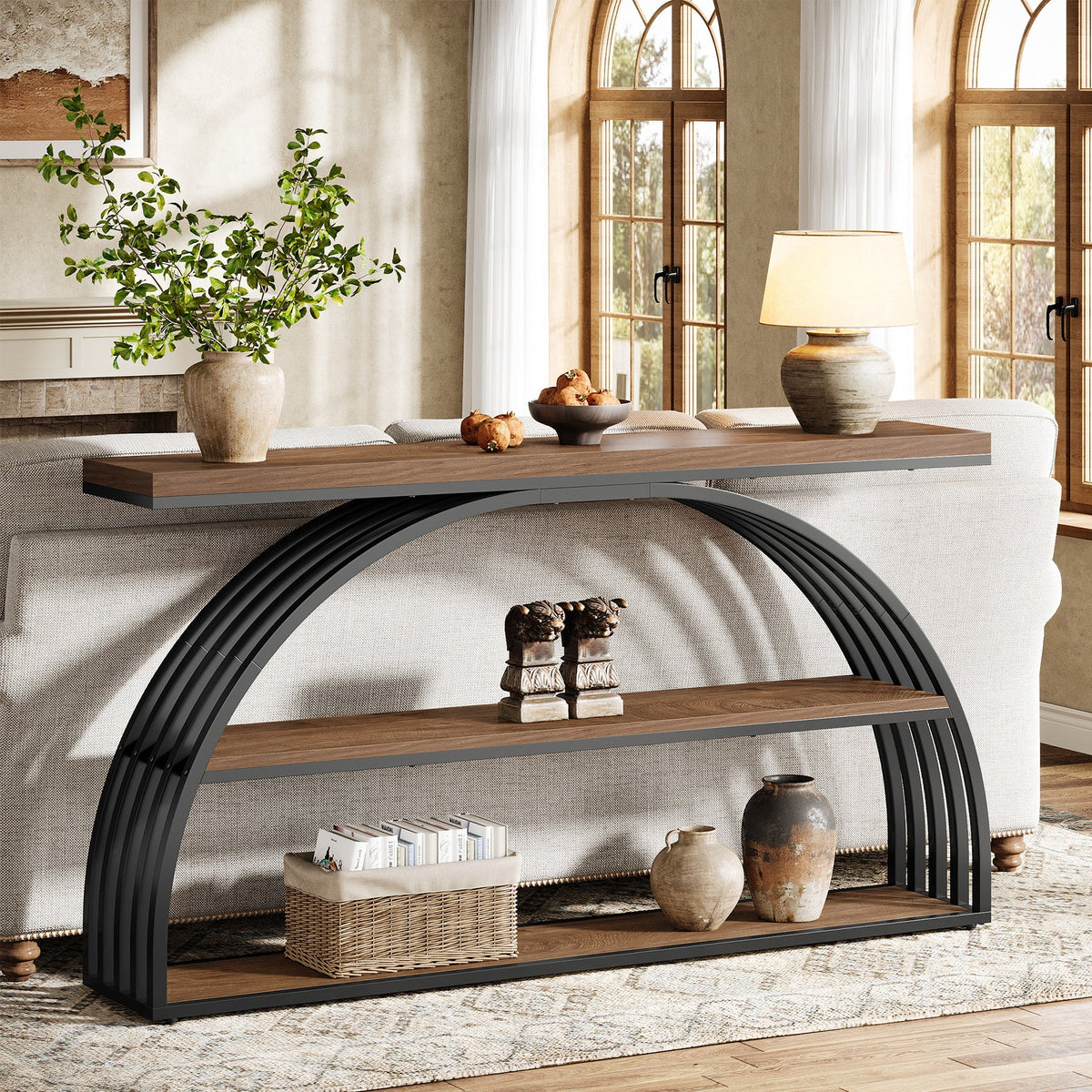 63" Console Table, 3-Tier Sofa  Entryway Table with Arched Frame