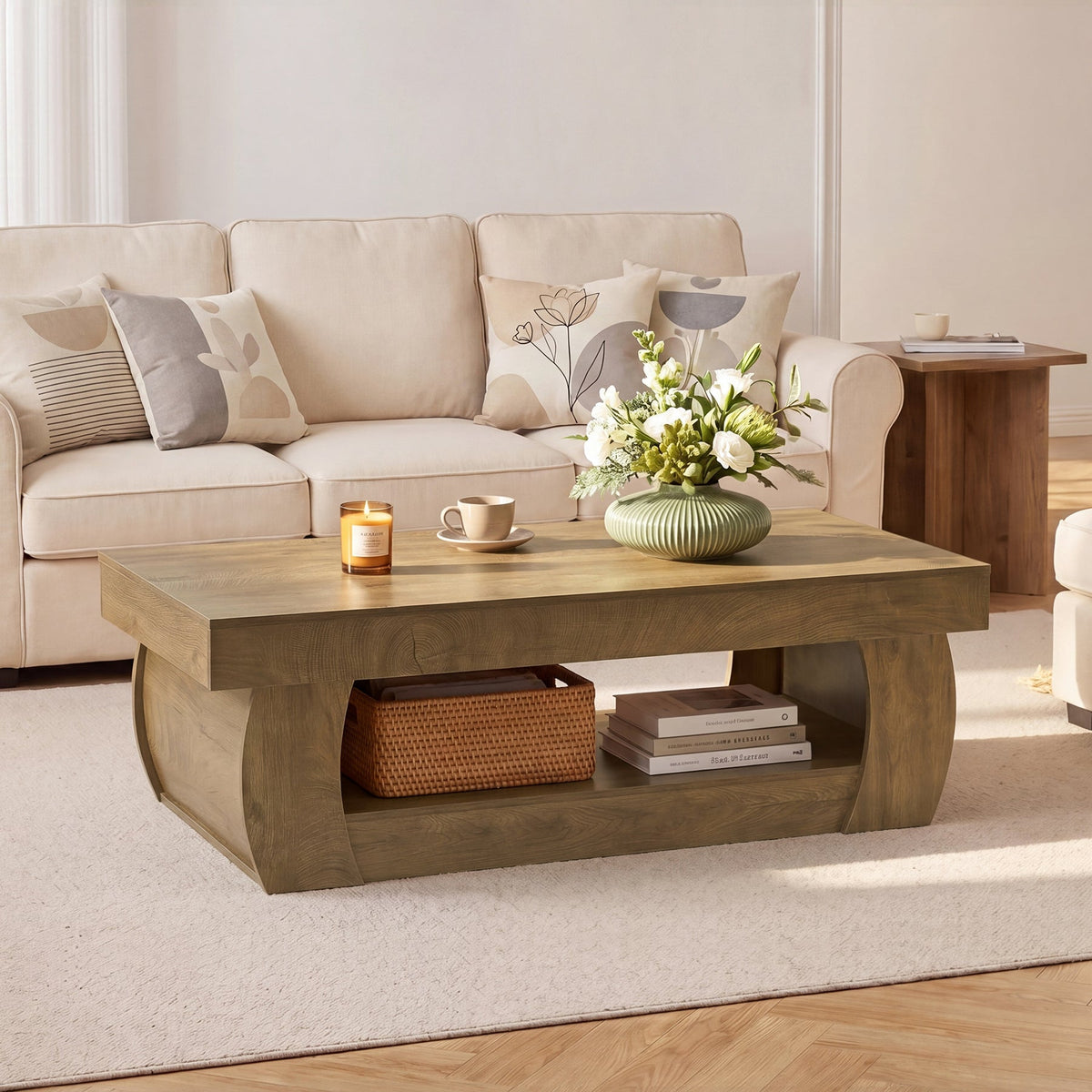 Tribesigns 55-Inch Wooden Coffee Table with 2-Tier Storage Shelf and Curved Legs, Modern Farmhouse Center Table for Living Room and Apartment