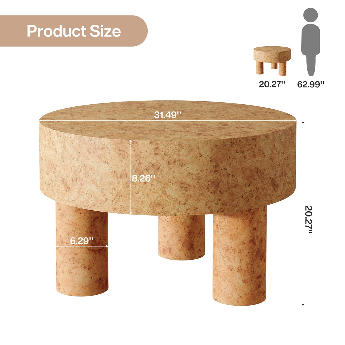 31.5" Round Coffee Table, Modern Circle Center Tea Table with Burl Texture