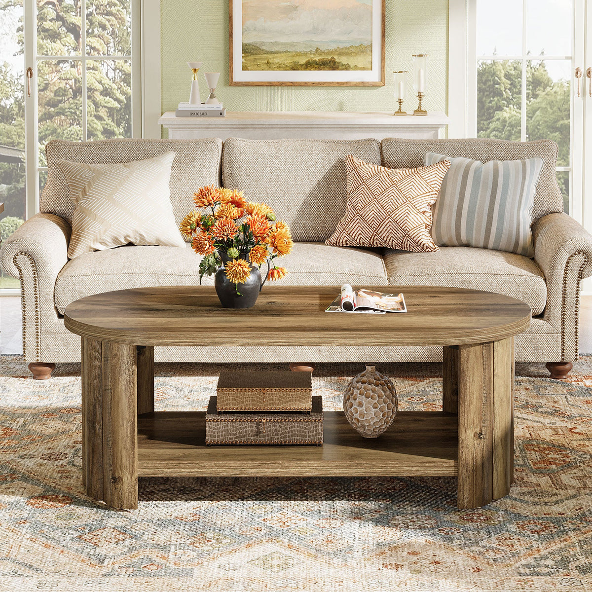 47.24" Oval Coffee Table, 2-Tier Accent Center Table with Storage Shelf for Living Room