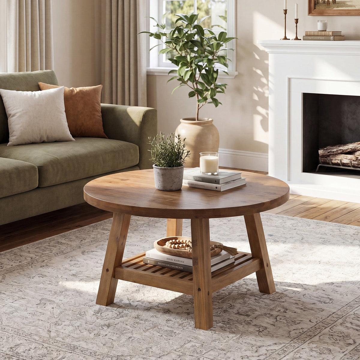 Solid Wood Round Coffee Table, 31.5" Center Table with 2-Tier Storage for Living Room