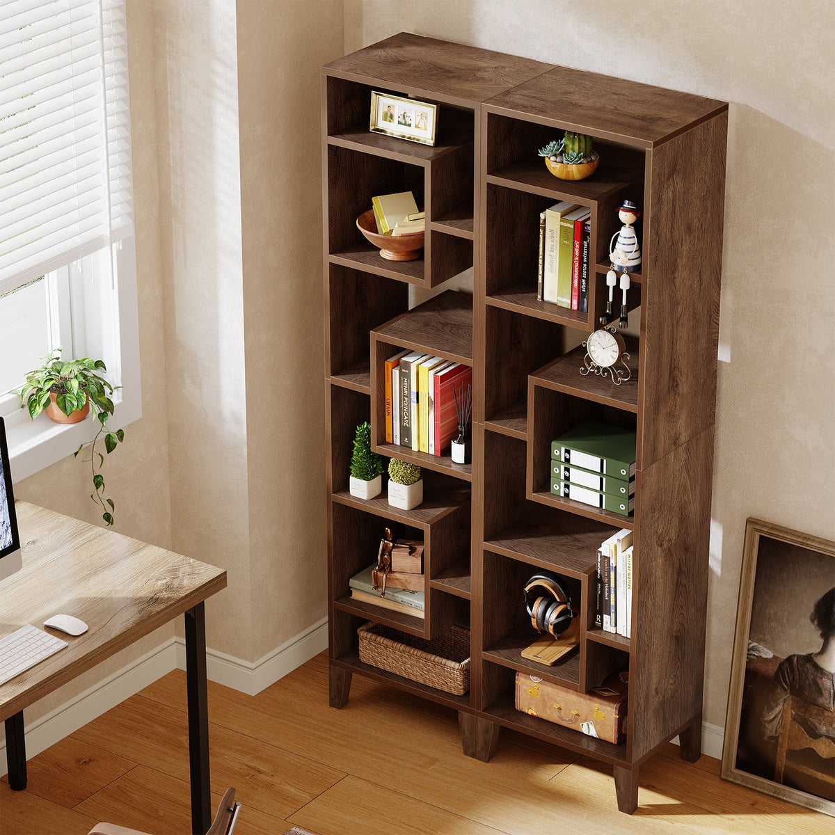 71" Narrow Bookshelf, 8-Tier Staggered Bookcase Etagere Display Shelf