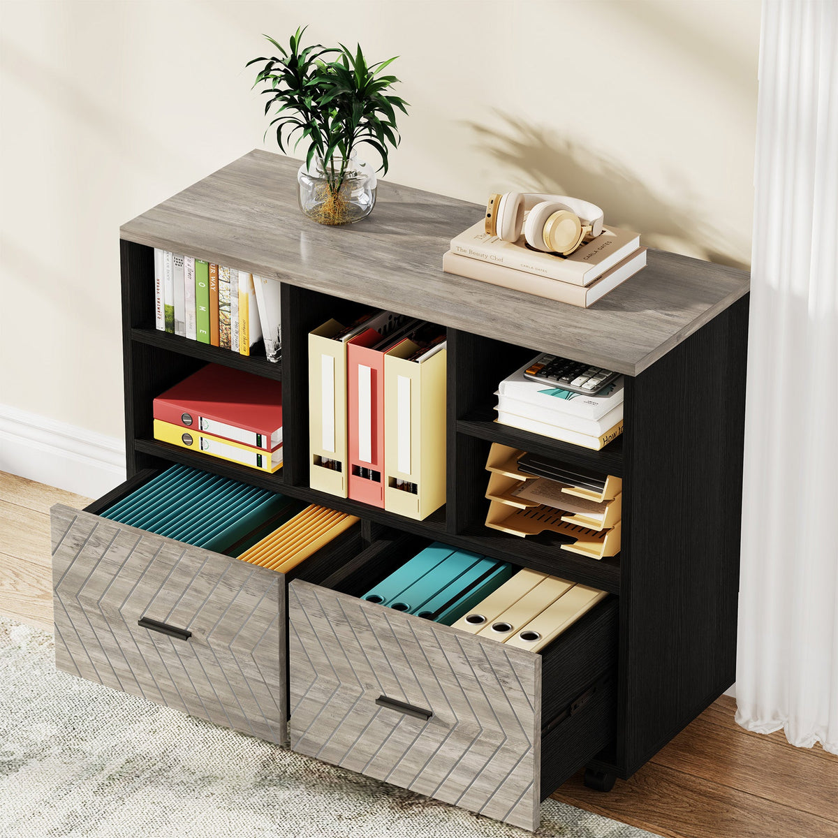 2-Drawer File Cabinet, Mobile Lateral Filing Cabinet with Shelves