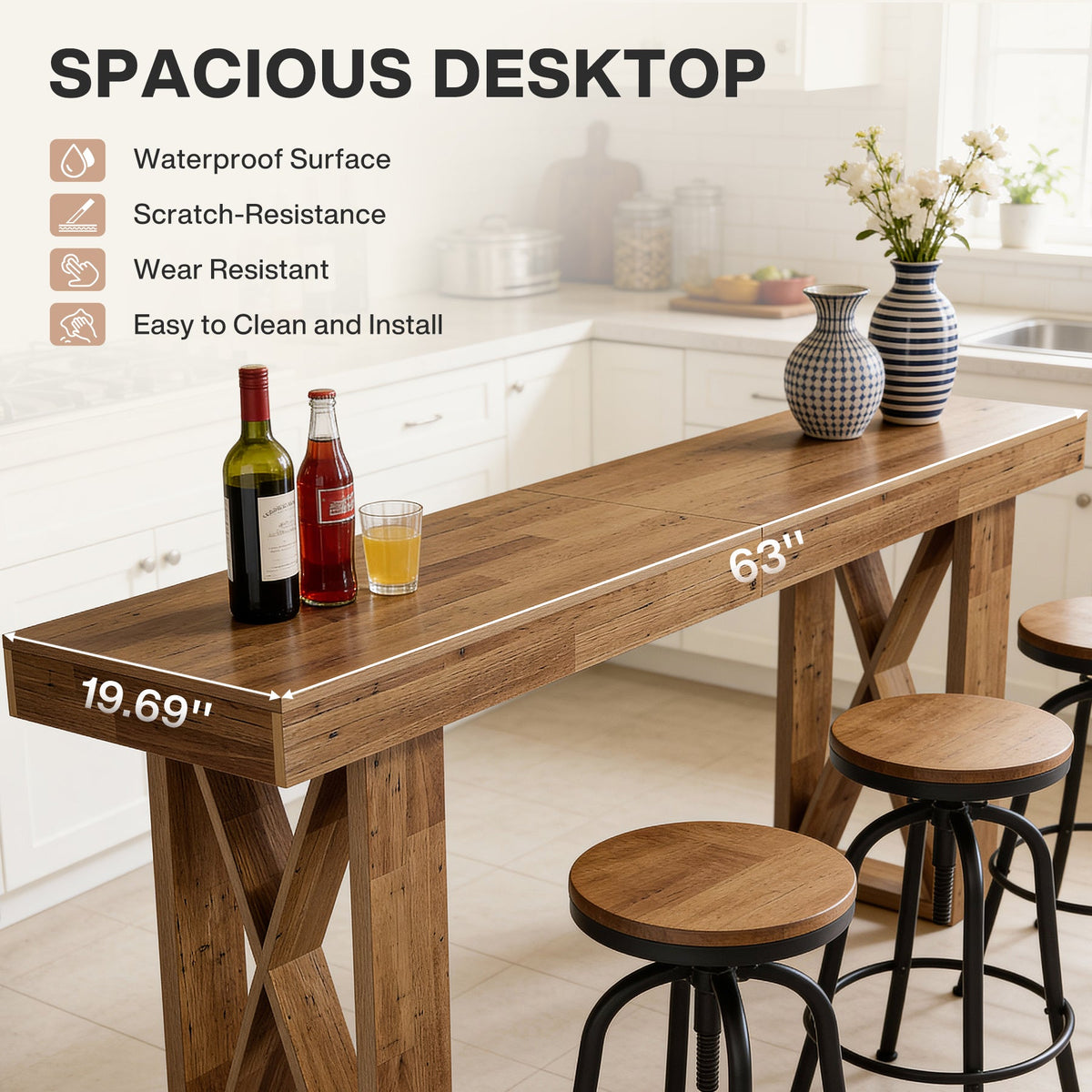 63" Bar Table, Rectangular Counter Height Pub Table with X-Shaped Frame