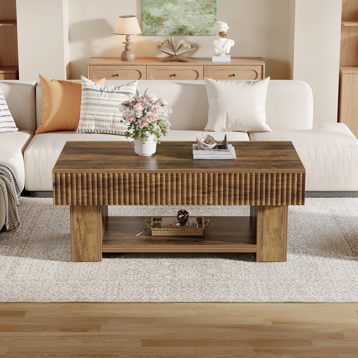 Farmhouse Coffee Table with Storage, 47" Center Table with Fluted Panel