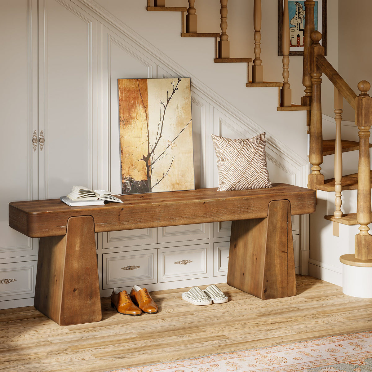 47" Solid Wood Entryway Bench, Farmhouse Shoe Bench with Thickened Legs