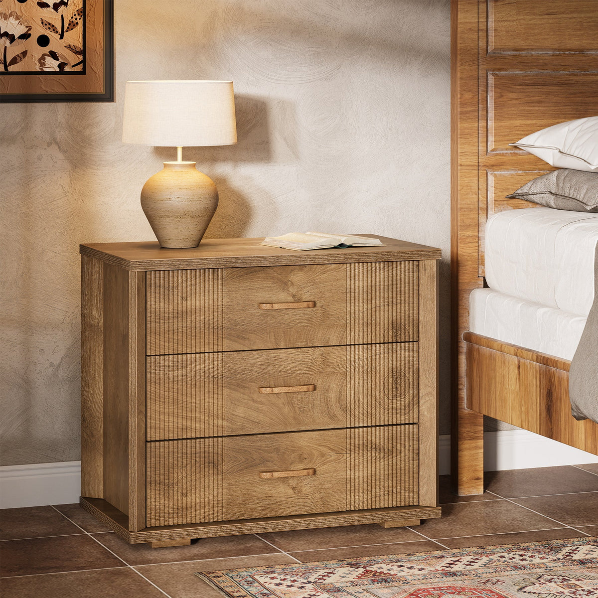 3-Drawer Nightstand, 31.5" Wide Bedside Table with Storage