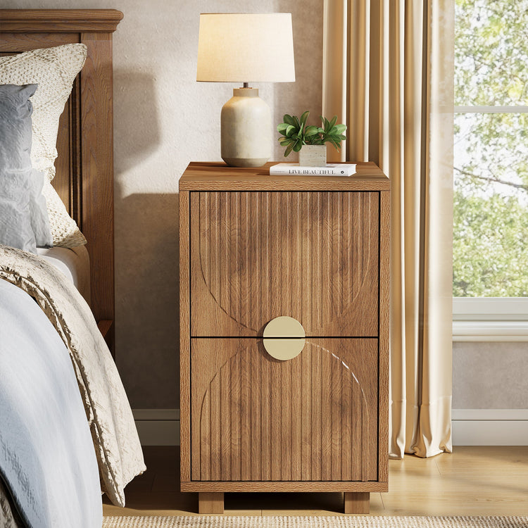 2-Drawer Nightstand, Narrow Bedside Table with Gold Metal Handle