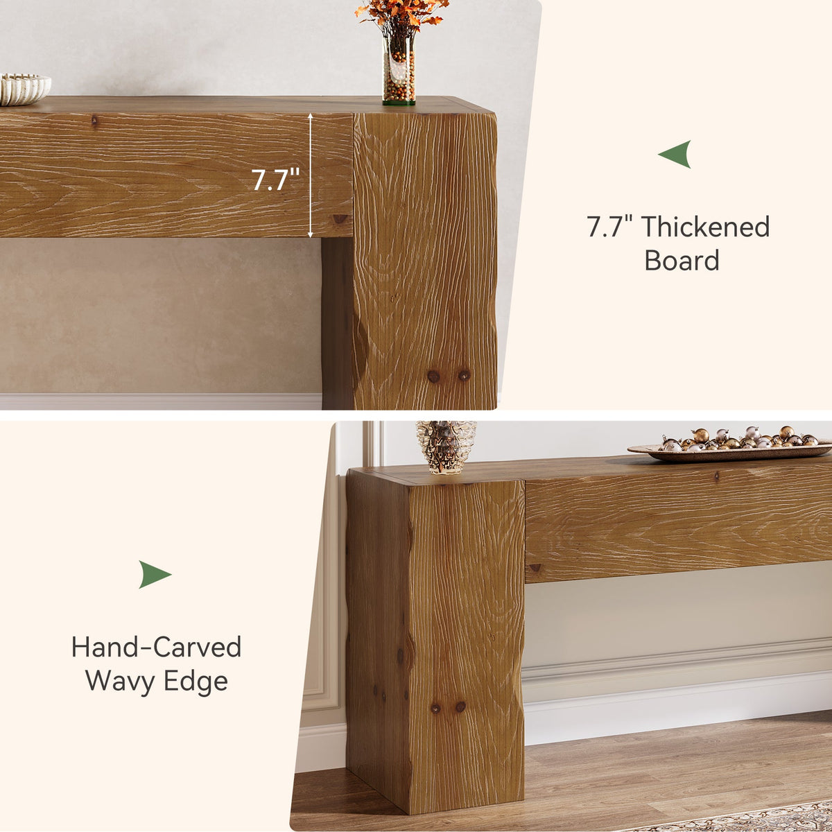 Solid Wood TV Stand for 65" TV, 63" Media Console with Hand Carved Wave Texture