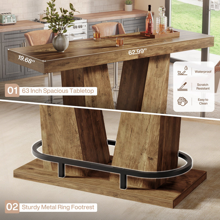 62.99" Bar Table for 4-6, Rectangle Counter Height Pub Table with Metal Footrest