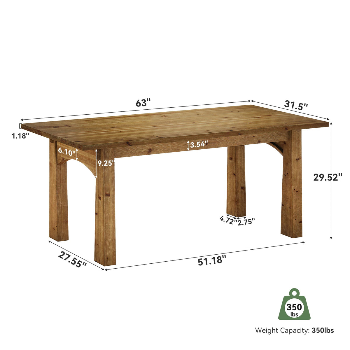 Solid Wood Executive Desk, 63" Computer Desk with Sturdy Wooden Legs