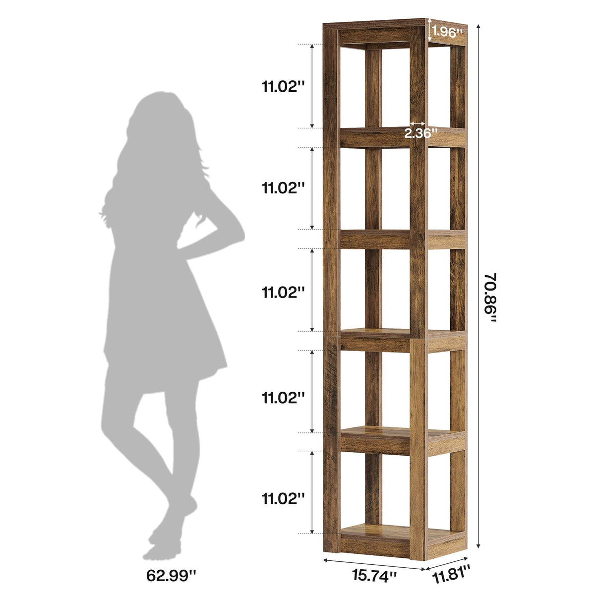 70.86" Bookshelf, 6-Tier Narrow Bookcase Corner Shelf Storage Racks for Home Office