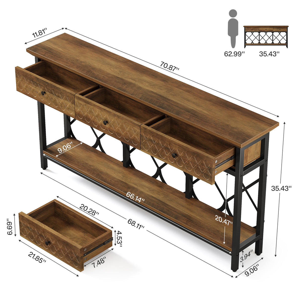 70.8" Console Table, 2-Tier Narrow Entryway Table Sofa Table with 3 Drawers