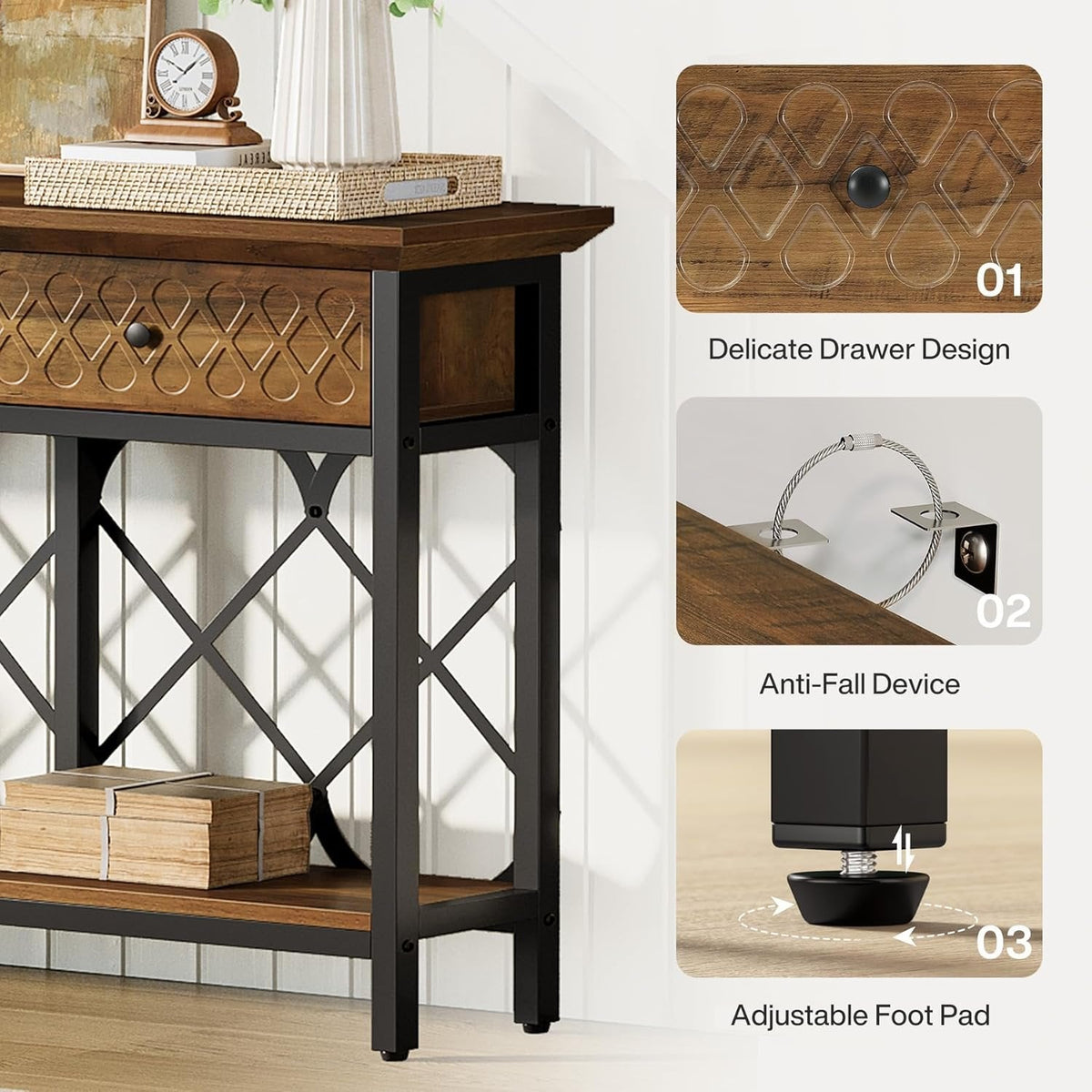 70.8" Console Table, 2-Tier Narrow Entryway Table Sofa Table with 3 Drawers