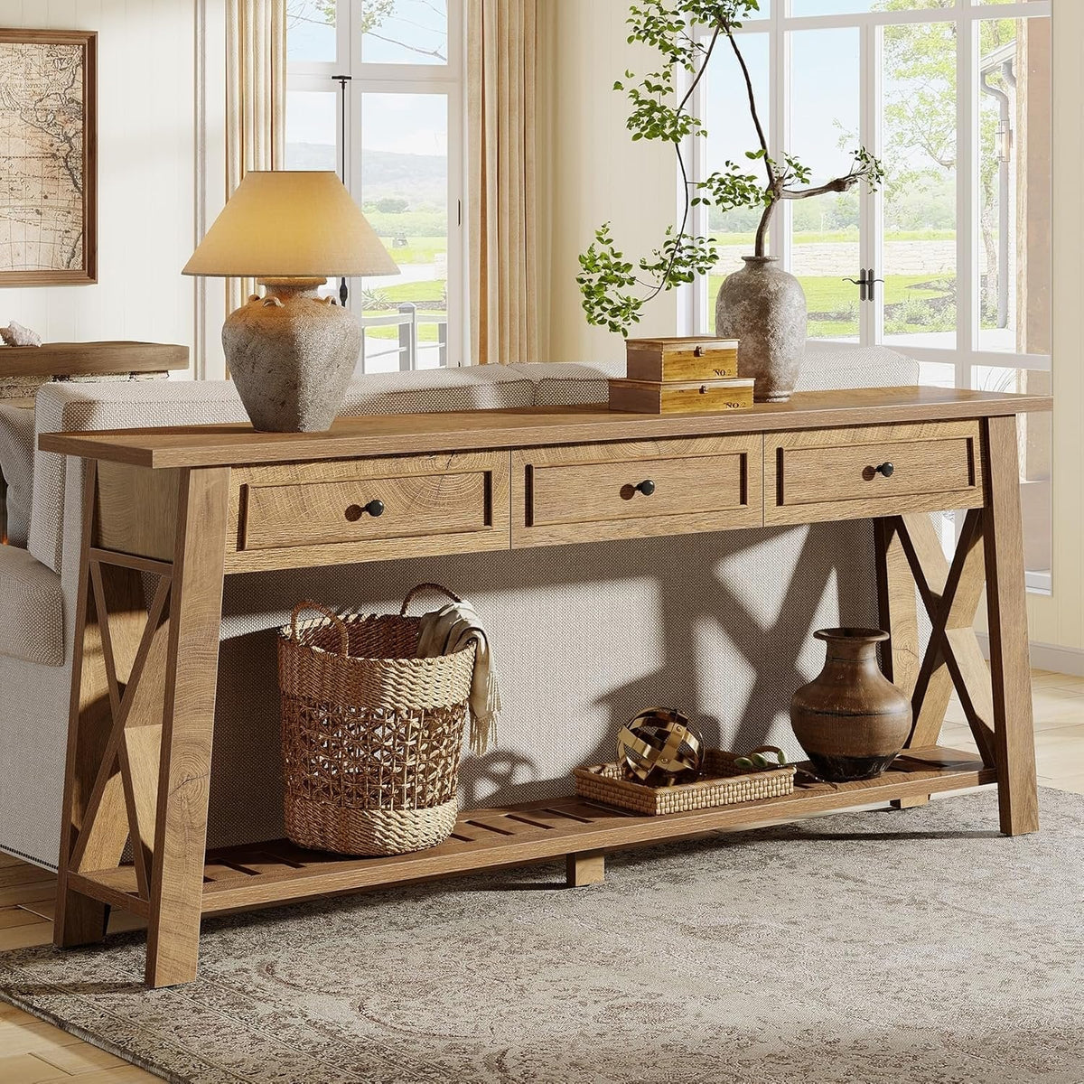 70.8" Console Table, Long Sofa Table Behind Couch with 3 Storage Drawers