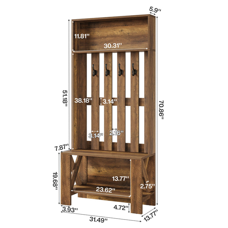 70.8" Freestanding Hall Tree, Coat Rack with Shoe Bench and Hooks