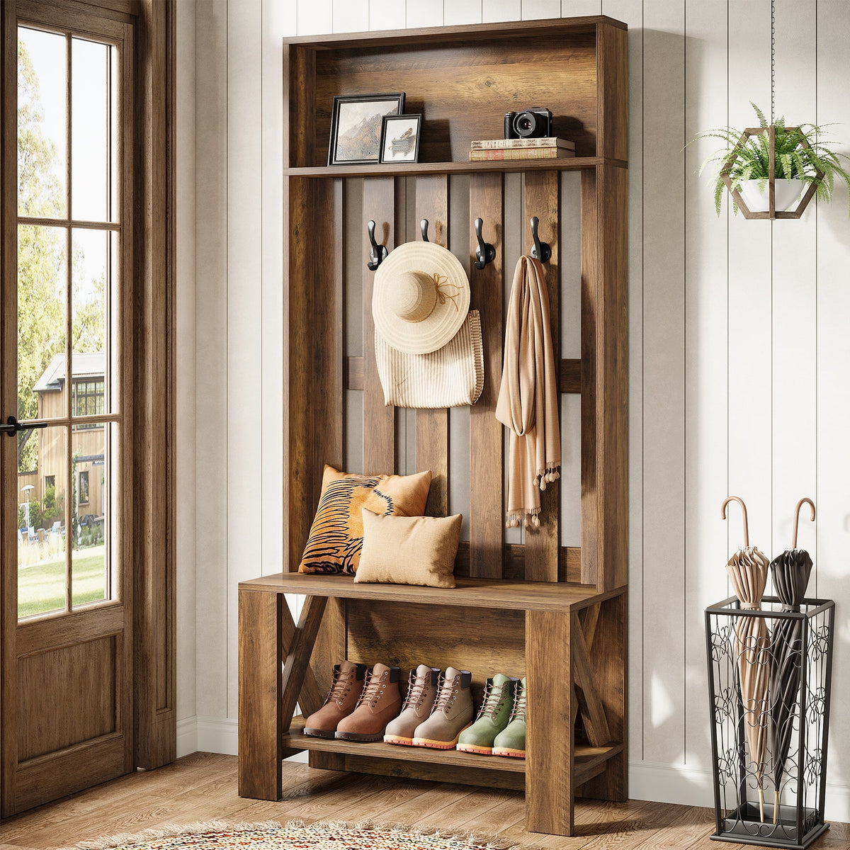 70.8" Freestanding Hall Tree, Coat Rack with Shoe Bench and Hooks