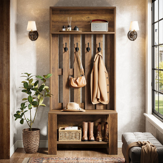 70.8" Freestanding Hall Tree, Coat Rack with Shoe Bench and Hooks