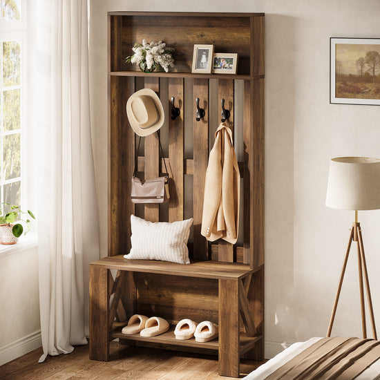 70.8" Freestanding Hall Tree, Coat Rack with Shoe Bench and Hooks