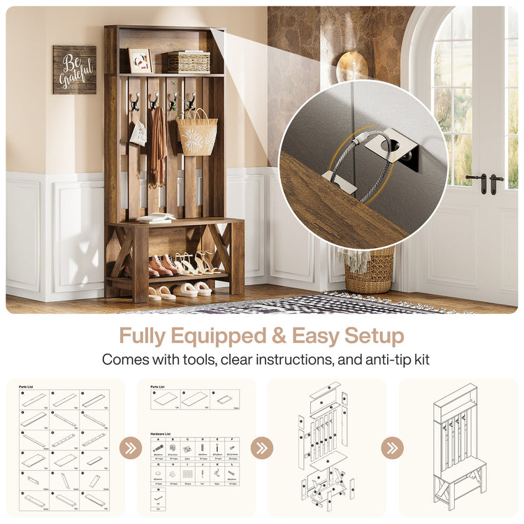 70.8" Freestanding Hall Tree, Coat Rack with Shoe Bench and Hooks