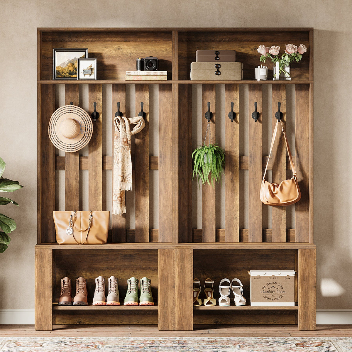 70.8" Freestanding Hall Tree, Coat Rack with Shoe Bench and Hooks