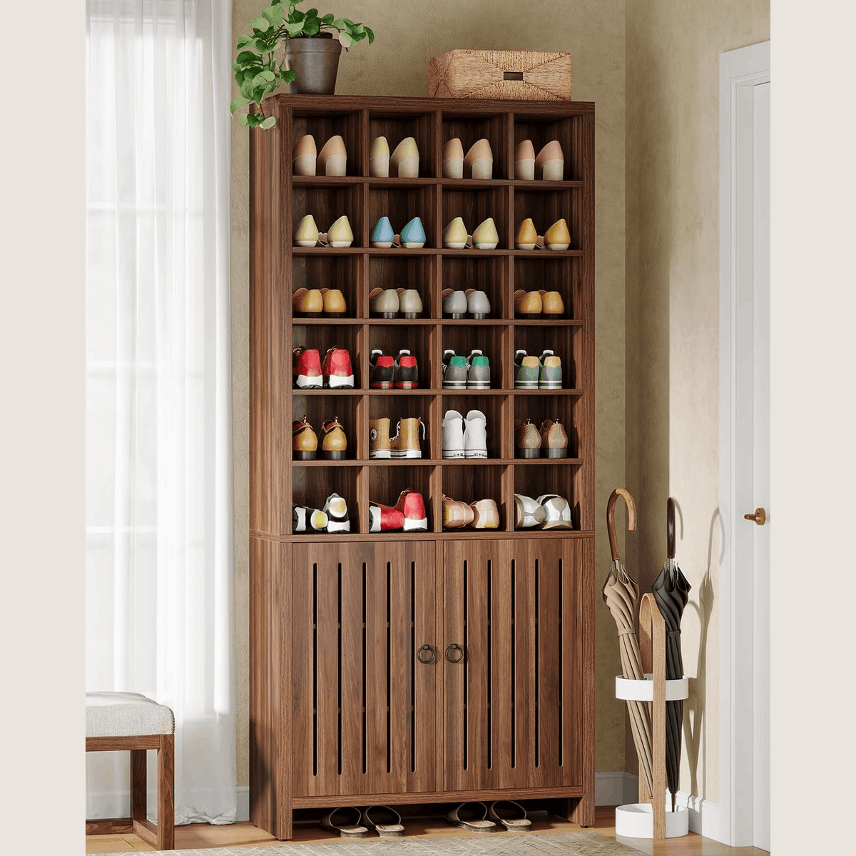 70.8" Shoe Cabinet, Freestanding Shoe Rack with 24 Storage Cubbies & 3 Hidden Shelves