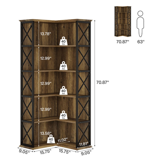 70.8" Tall Bookshelf, 5-Tier L-Shaped Bookcase Display Rack with Baffle