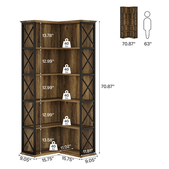 70.8" Tall Bookshelf, 5-Tier L-Shaped Bookcase Display Rack with Baffle