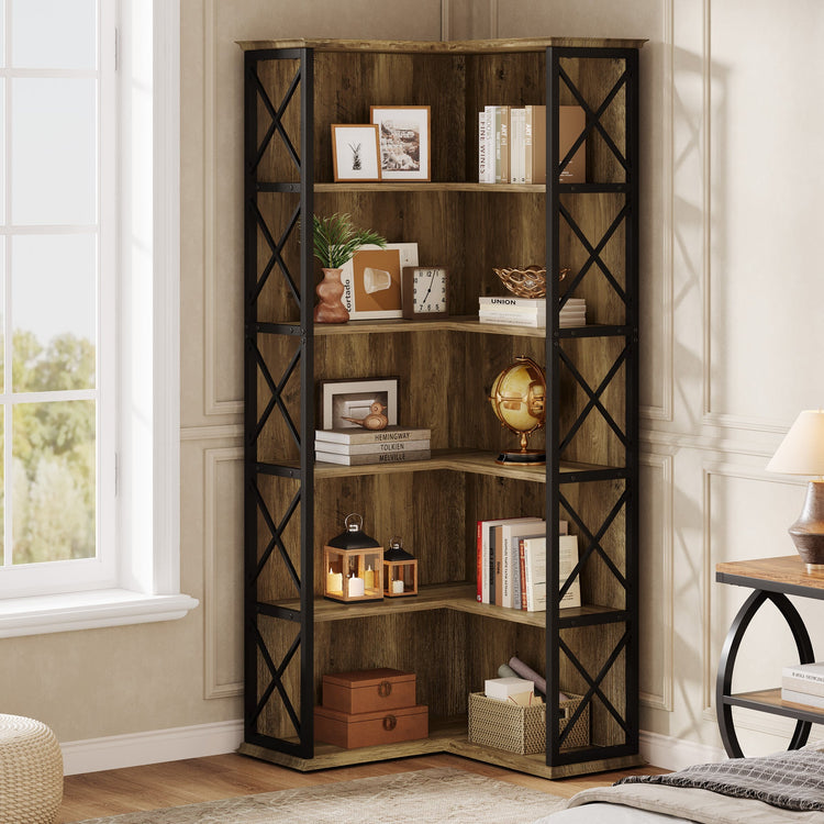 70.8" Tall Bookshelf, 5-Tier L-Shaped Bookcase Display Rack with Baffle