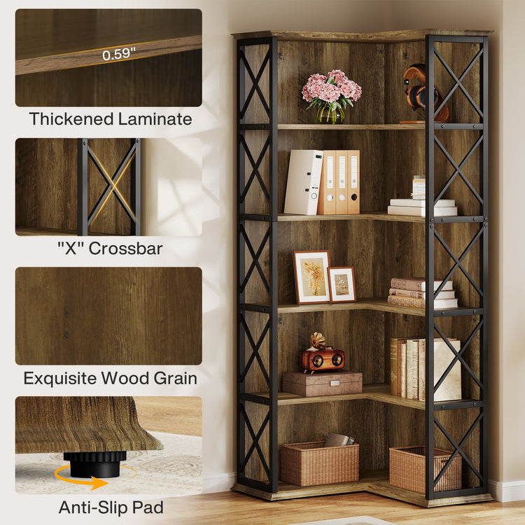 70.8" Tall Bookshelf, 5-Tier L-Shaped Bookcase Display Rack with Baffle
